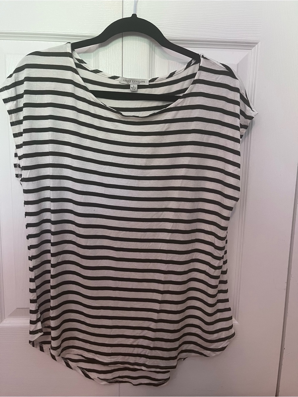 Green Envelope slightly off-white with a green stripe cap sleeve tee